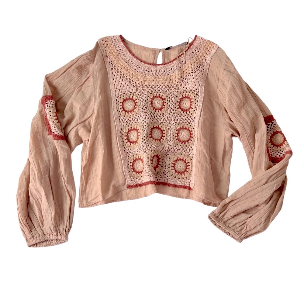 Zara Boho Bohemian Crochet Detail Top Tan Beige linen blend L - Picture 5 of 14